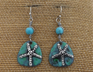 Silver Tone Starfish on Blue, Earrings