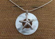 Load image into Gallery viewer, Silver Tone Starfish on White Mother of Pearl Disc Pendant Necklace
