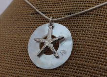 Load image into Gallery viewer, Silver Tone Starfish on White Mother of Pearl Disc Pendant Necklace
