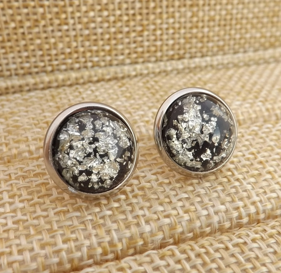 Silver & Black Glittery Stud Earrings