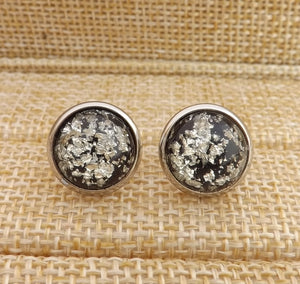 Silver & Black Glittery Stud Earrings