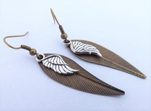 Load image into Gallery viewer, Silver &amp; Bronze Tone Leaf &amp; Angel Wing Earrings
