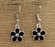 Load image into Gallery viewer, Small Black &amp; Silver Tone Flower Drop Earrings (4x colour options)
