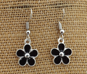 Small Black & Silver Tone Flower Drop Earrings (4x colour options)