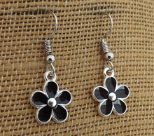 Load image into Gallery viewer, Small Black &amp; Silver Tone Flower Drop Earrings (4x colour options)
