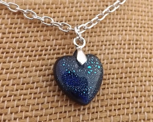 Small Blue & Black Dichroic Heart Pendant Necklace