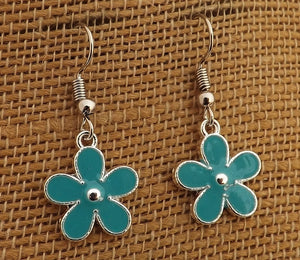 Small Blue & Silver Tone Flower Earrings (5 colour options)