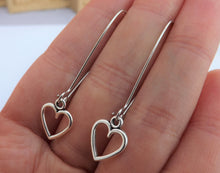 Load image into Gallery viewer, Small Hollowed Heart, Silver Tone Earrings on Long Kidney Hooks
