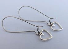 Load image into Gallery viewer, Small Hollowed Heart, Silver Tone Earrings on Long Kidney Hooks
