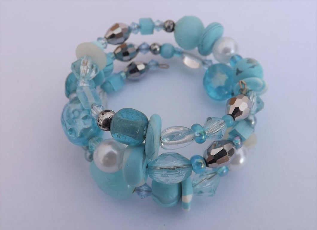 Small Light Blue, White & Silver Handmade Beads Memory Wire Bracelet