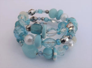 Small Light Blue, White & Silver Handmade Beads Memory Wire Bracelet