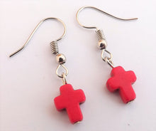 Load image into Gallery viewer, Small Pink Cross Drop Earrings
