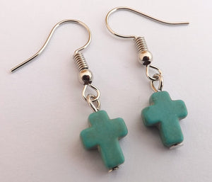 Small Turquoise Blue Cross Drop Earrings