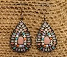 Load image into Gallery viewer, Soft Pink, Yellow, Brown, Green &amp; Bronze Tone Dotted Teardrop Earrings
