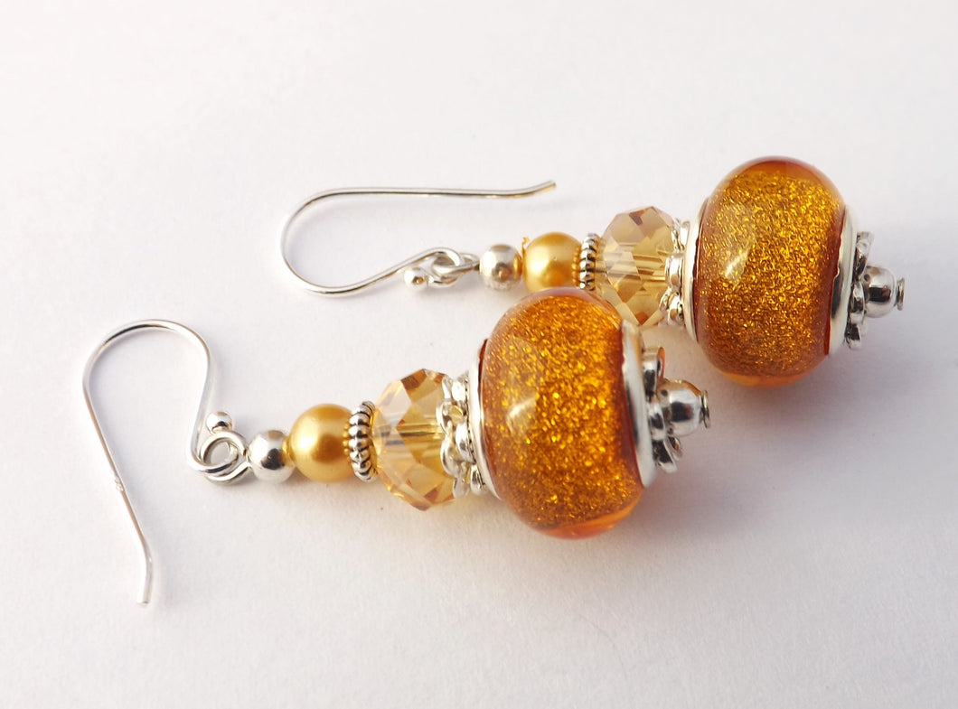 Sparkly Gold Acrylic Bead Earrings on Sterling Silver Hooks