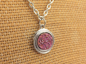 Sparkly Pink & Silver Tone Round Pendant Necklace