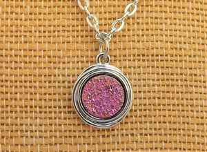 Sparkly Pink & Silver Tone Round Pendant Necklace