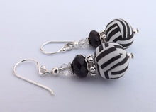 Load image into Gallery viewer, Striped Black &amp; White Kathryn Design Bead Earrings on Sterling Silver Hooks
