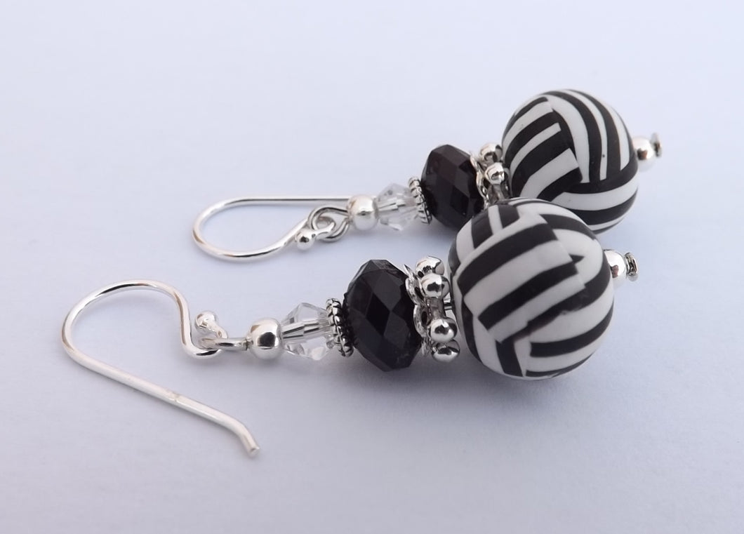 Striped Black & White Kathryn Design Bead Earrings on Sterling Silver Hooks