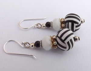 Striped White & Black Kathryn Design Bead Earrings on Sterling Silver Hooks