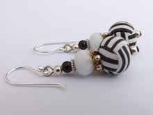 Load image into Gallery viewer, Striped White &amp; Black Kathryn Design Bead Earrings on Sterling Silver Hooks
