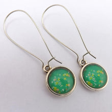 Load image into Gallery viewer, Teal Floral Dome Earrings on Long Silver Tone Kidney Hooks
