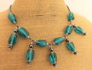 Teal Glass & Hematite Handmade Bead Drop Necklace