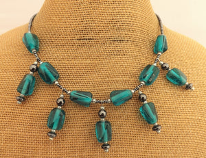 Teal Glass & Hematite Handmade Bead Drop Necklace