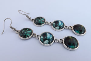 Teal & Black Triple Drop Dome Earrings