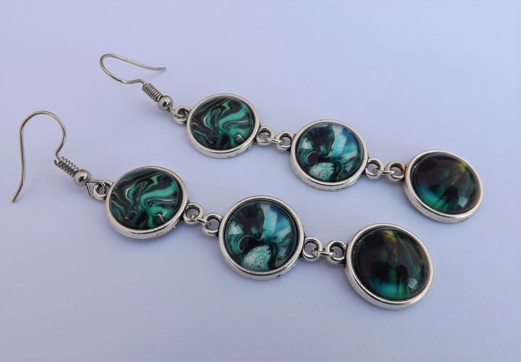 Teal & Black Triple Drop Dome Earrings