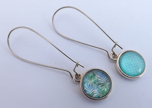 Teal & Blue Patterns Double Sided Dome Earrings on Long Kidney Hooks