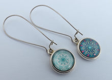 Load image into Gallery viewer, Teal, Blue &amp; White Double Sided Dome Earrings on Long Kidney Hooks
