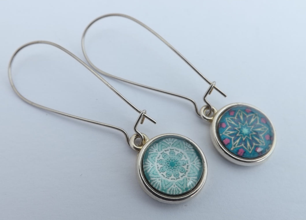 Teal, Blue & White Double Sided Dome Earrings on Long Kidney Hooks