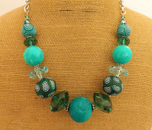 Load image into Gallery viewer, Teal &amp; Green Kathryn Design Chunky Bead Necklace with Chain
