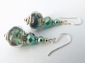 Teal & Grey Acrylic Bead Earrings on Sterling Silver Hooks