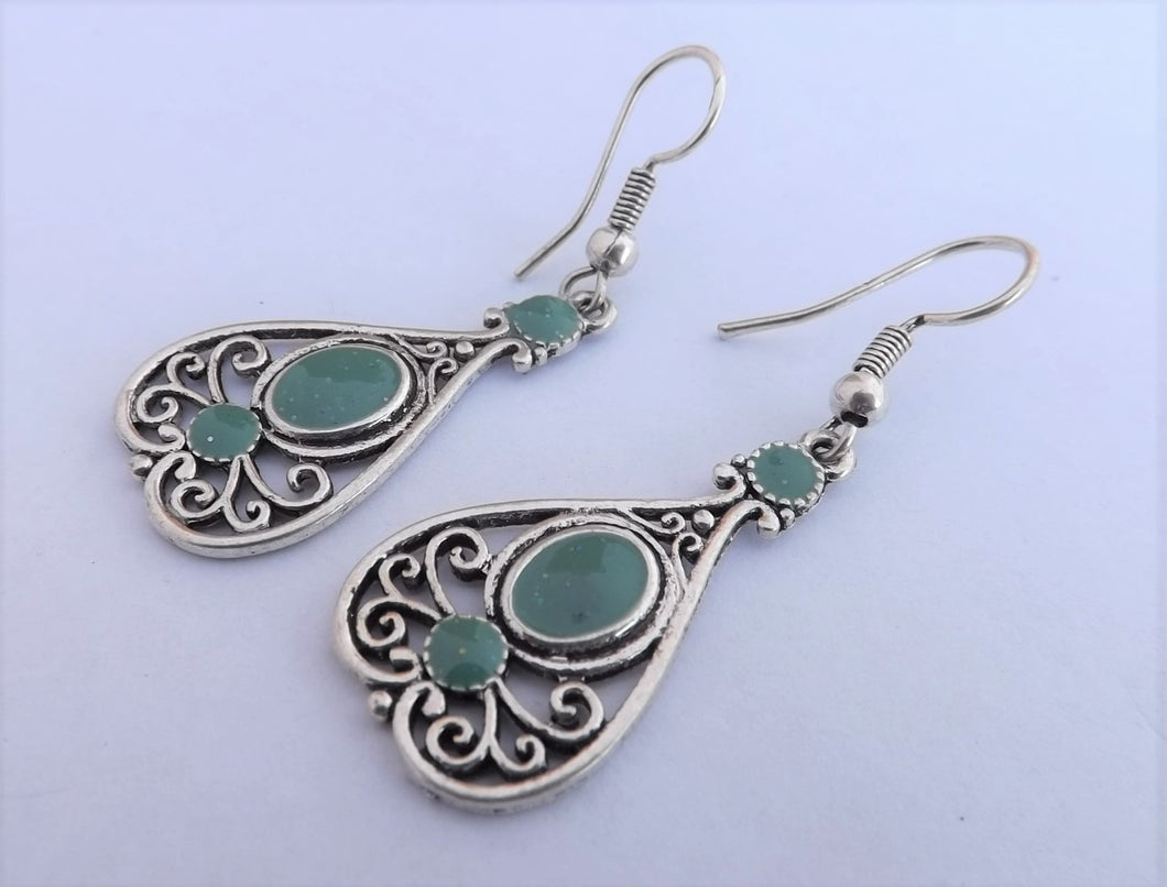 Teal & Silver Tone Drop Earrings