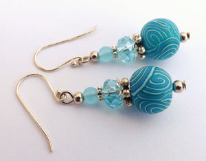 Turquoise Blue Spiral Kathryn Design Bead Earrings on Sterling Silver Hooks