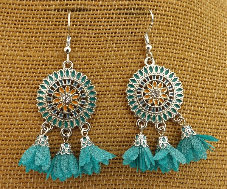 Silver Tone Chandelier Earrings with Flower Posy Tassel Drops (multiple colour options)