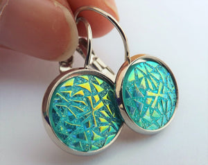 Turquoise Blue with Lustre Pattern Silver Tone Dome Earrings on Lever Back Hooks