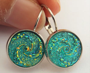 Turquoise Blue with Lustre Pattern - Silver Dome Earrings on Lever Back Hooks