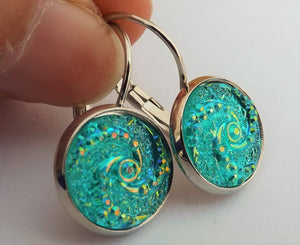 Turquoise Blue with Lustre Pattern - Silver Dome Earrings on Lever Back Hooks