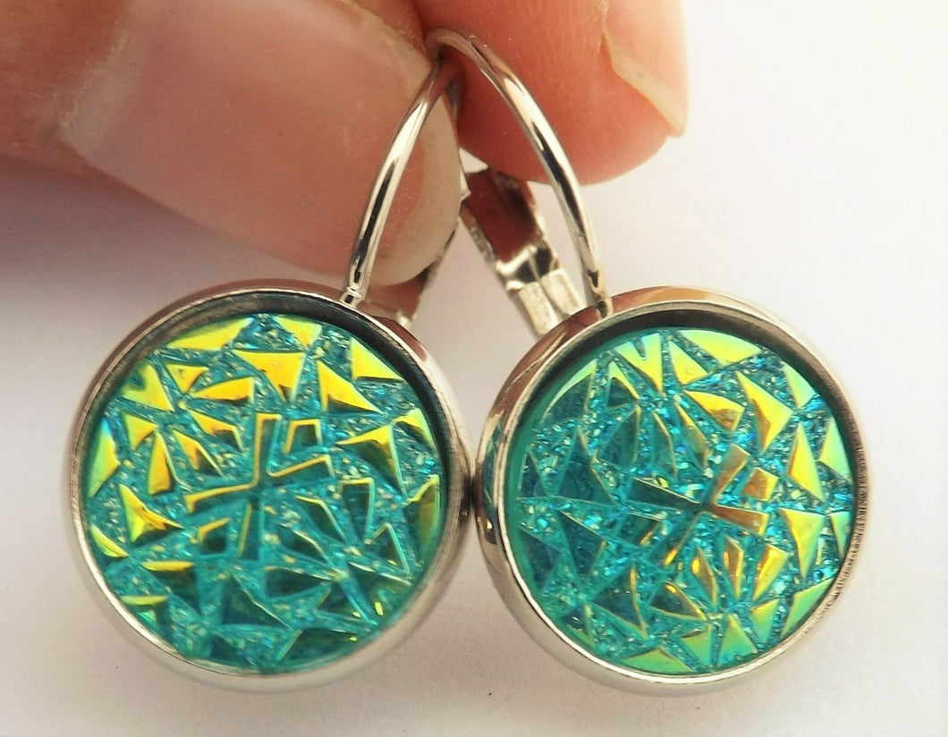 Turquoise Blue with Lustre Pattern Silver Tone Dome Earrings on Lever Back Hooks