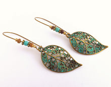 Load image into Gallery viewer, Blue Long Leaf Earrings (gold or copper tone)
