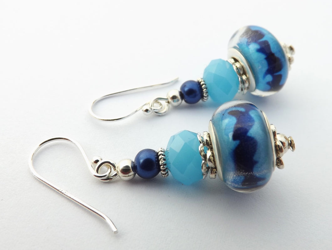 Two Blues Acrylic Bead Earrings on Sterling Silver Hooks