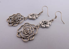 Load image into Gallery viewer, Two Flowers Silver Tone Drop Earrings
