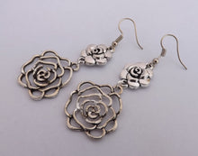 Load image into Gallery viewer, Two Flowers Silver Tone Drop Earrings

