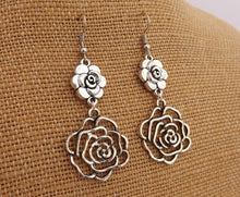 Load image into Gallery viewer, Two Flowers Silver Tone Drop Earrings
