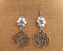 Load image into Gallery viewer, Two Flowers Silver Tone Drop Earrings
