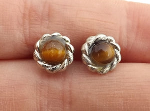 Vintage Brown Cats Eye & Silver Tone Stud Earrings