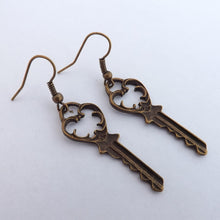 Load image into Gallery viewer, Vintage Key Drop Earrings (bronze or silver)
